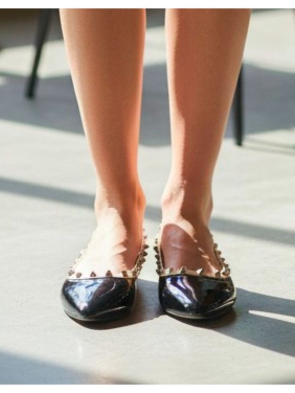 Black Patent Pointed Toe Flats With Gold Studded Trim - Picture 3 of 10